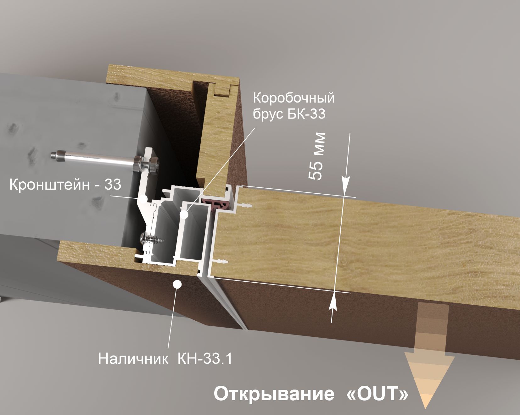 Алюминиевый коробочный брус БК-33 монтаж OUT полотно 55 мм
