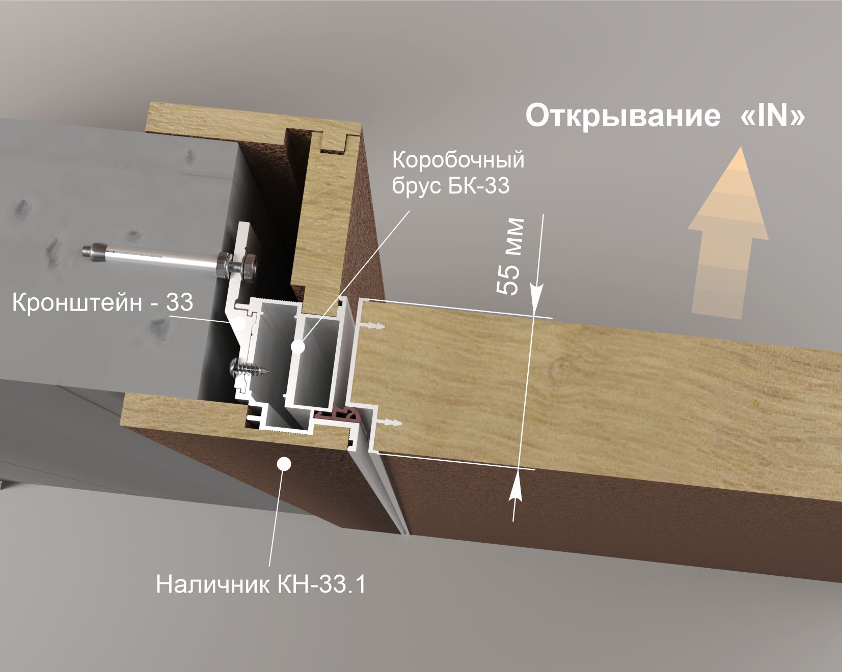 Алюминиевый коробочный брус БК-33 компланарный наличник IN