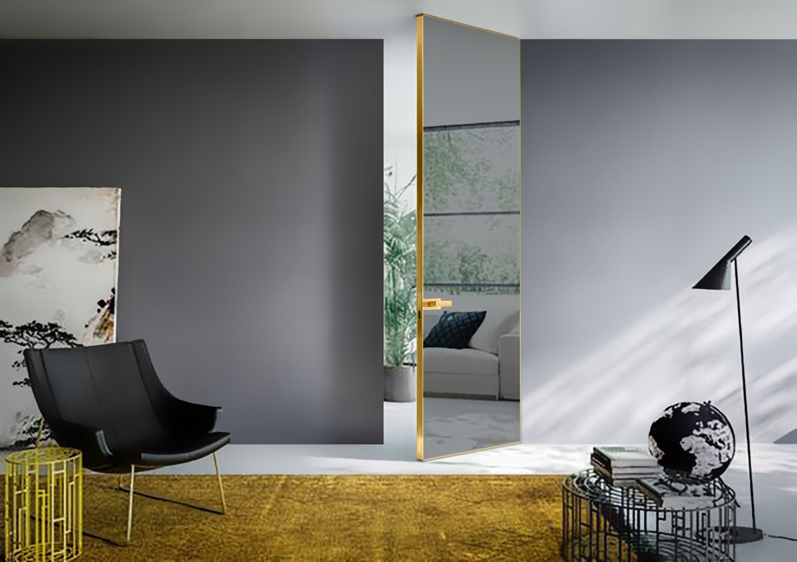 Модель серии Мираж MR1 отделка эмалями стекло лакобель, шпон фото в интерьере