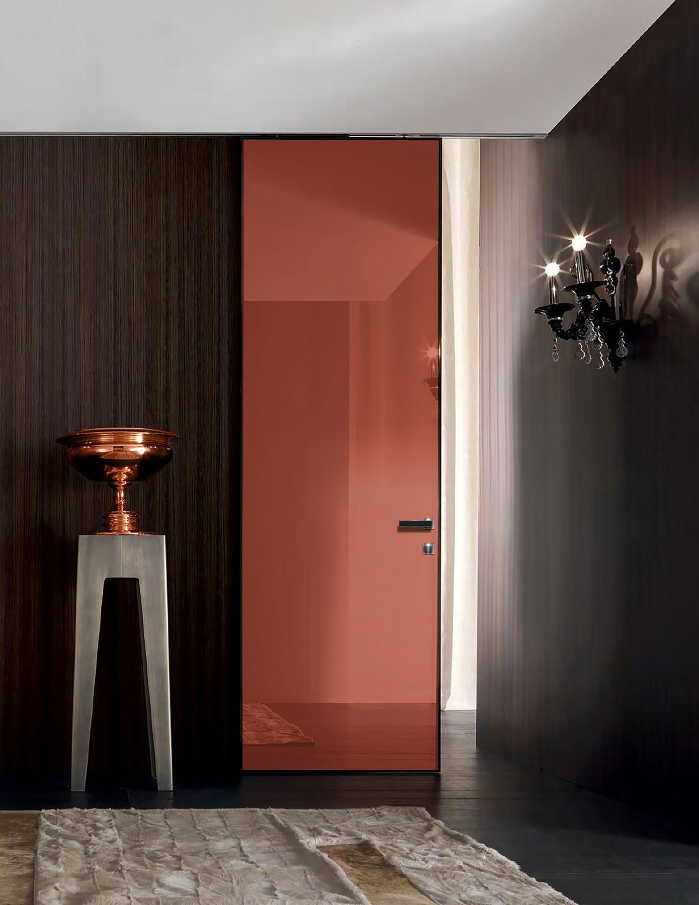 Модель серии Мираж MR1 отделка эмалями стекло лакобель, шпон фото в интерьере