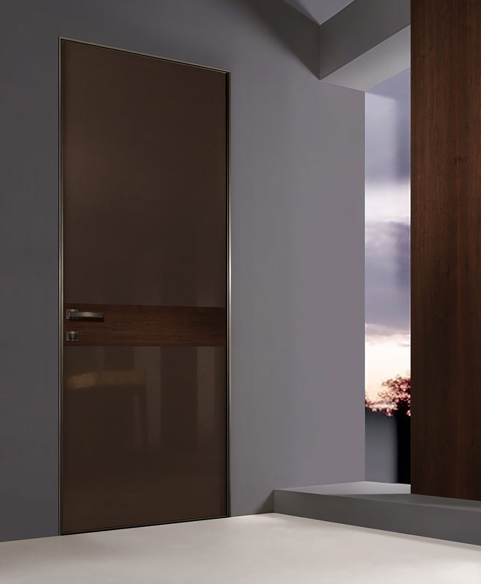 Модель серии Мираж MR3 отделка эмалями стекло лакобель, шпон фото в интерьере