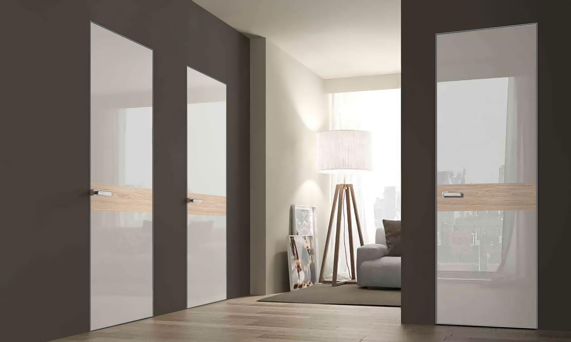 Модель серии Мираж MR3 отделка эмалями стекло лакобель, шпон фото в интерьере