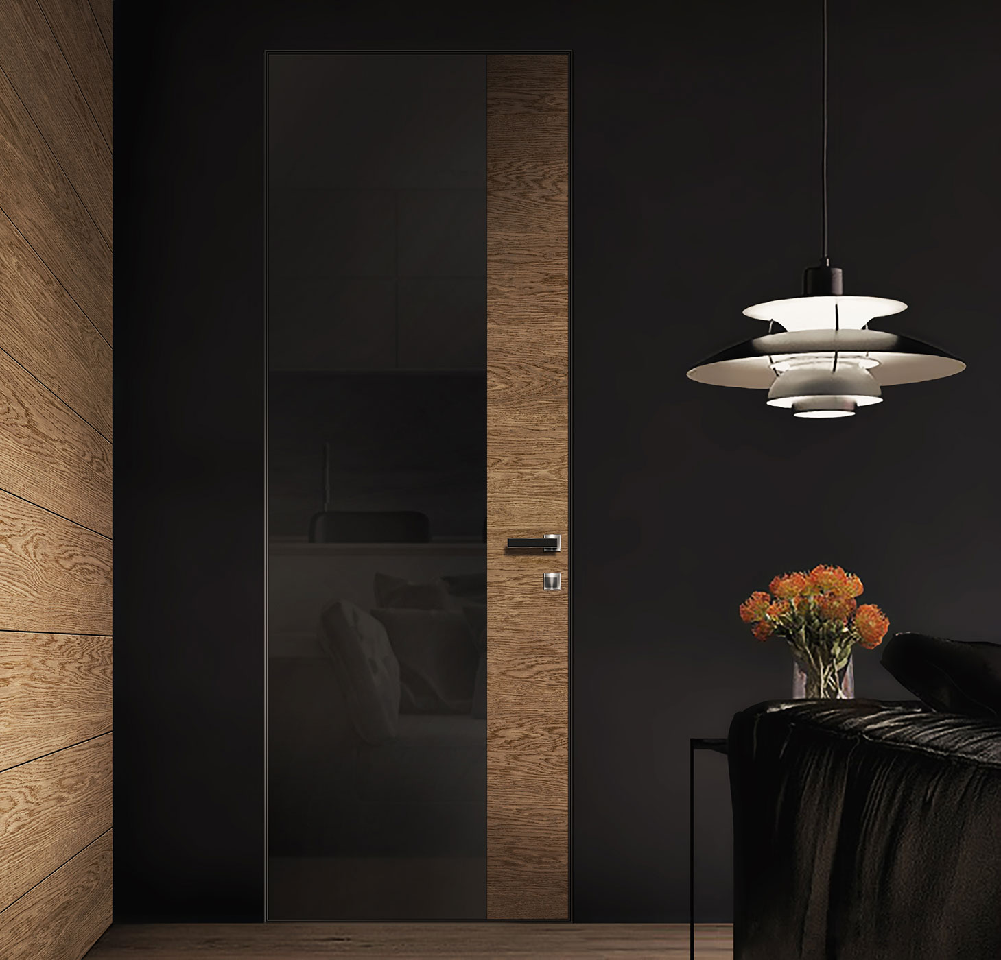 Модель серии Мираж MR4 отделка эмалями стекло лакобель, шпон фото в интерьере