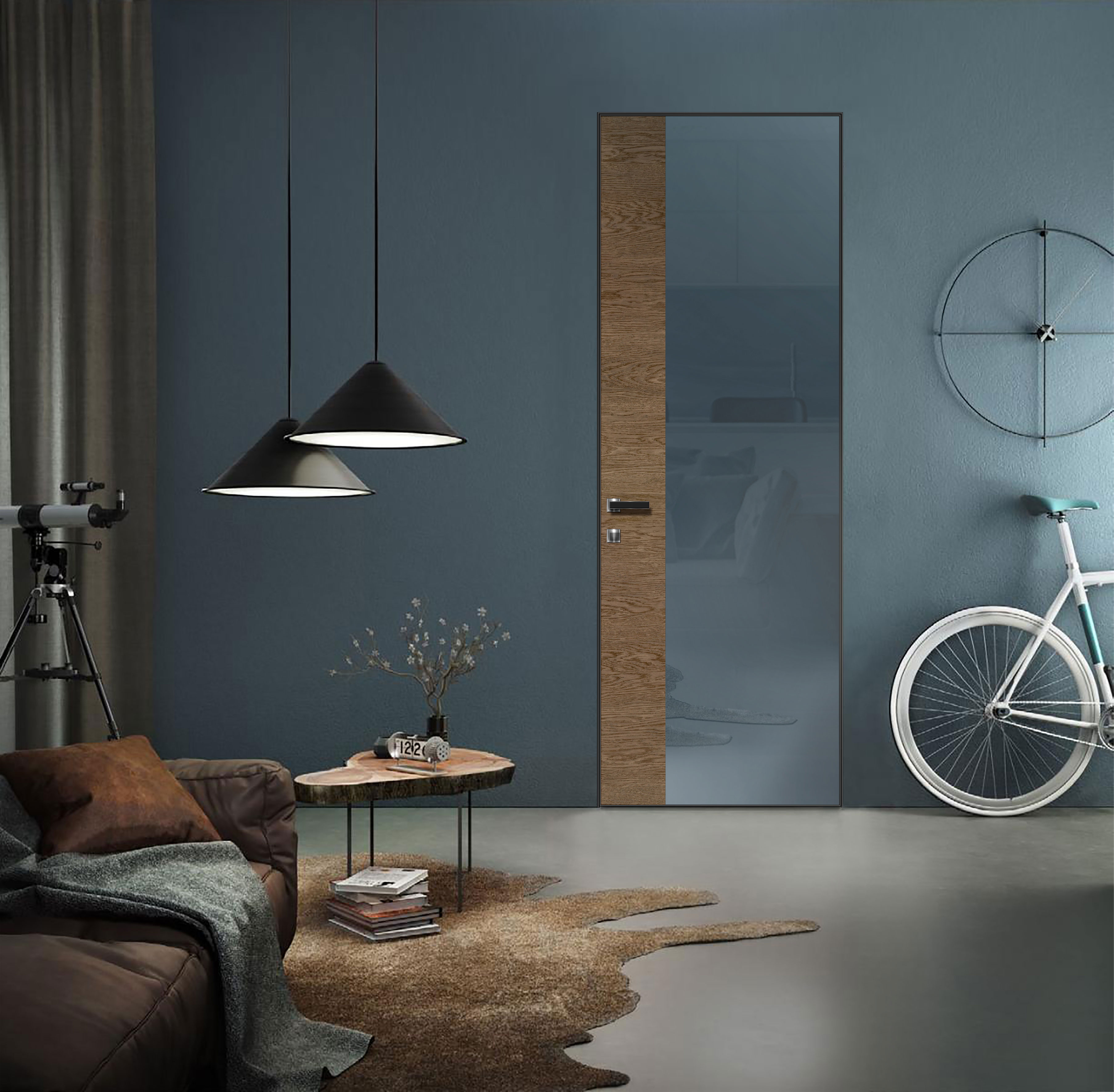 Модель серии Мираж MR4 отделка эмалями стекло лакобель, шпон фото в интерьере