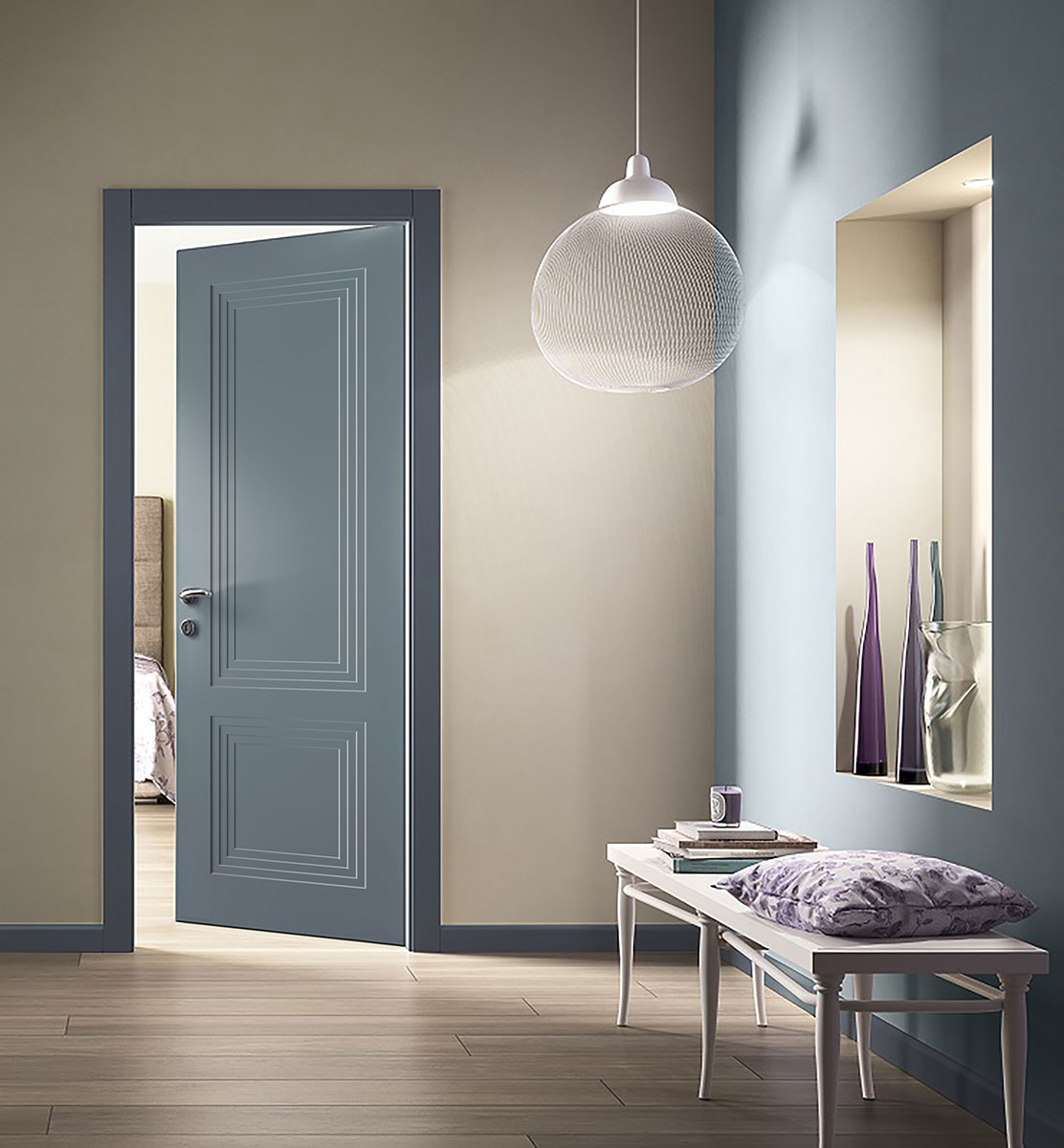 Модель Л96 серии Комфорт отделка эмалями стекло лакобель, шпон фото в интерьере